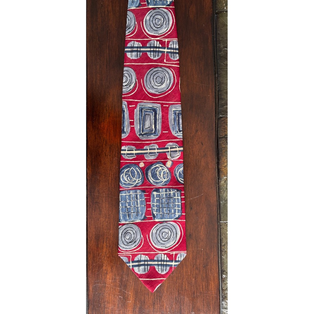 Geoffrey‎ Beene Mens Necktie Red Gray Blue Silk Geometric Abstract Vintage 90's